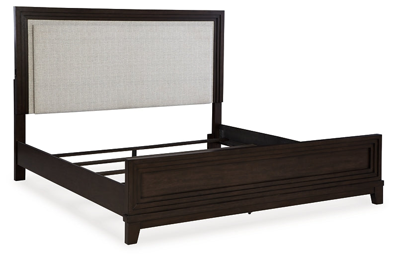 Neymorton Queen Upholstered Panel Bed with Mirrored Dresser