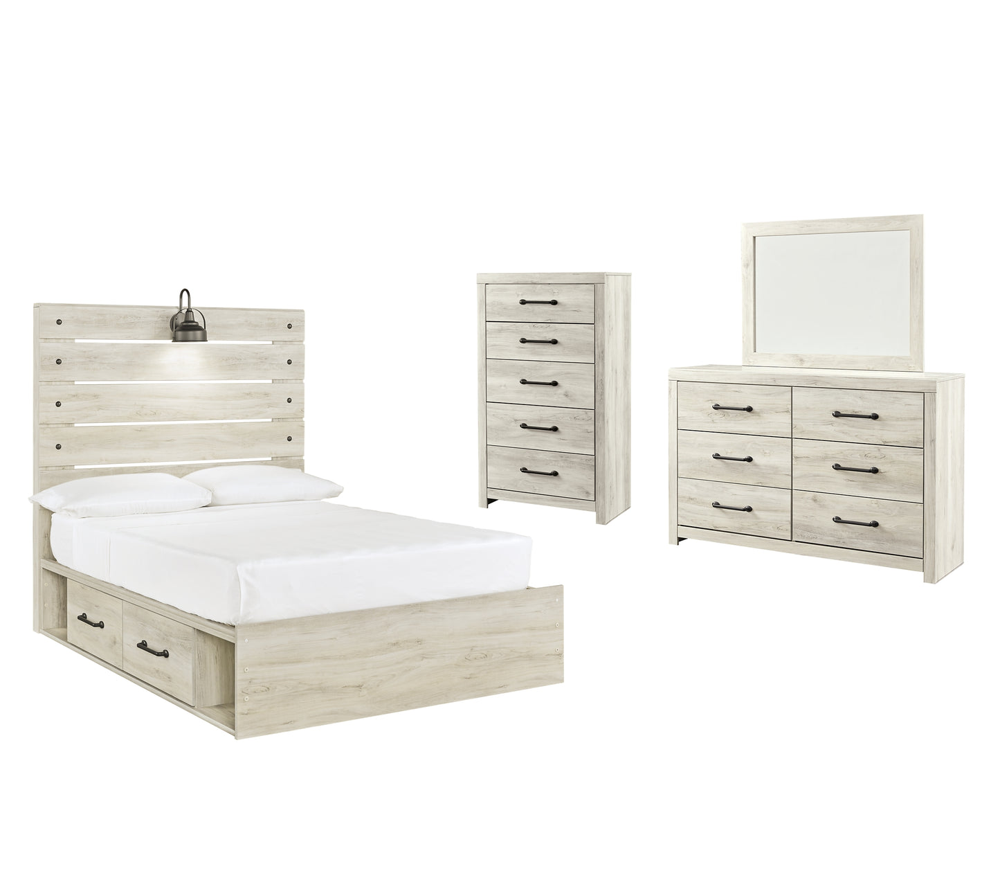 Cambeck Full Panel Bed with 4 Storage Drawers with Mirrored Dresser and Chest