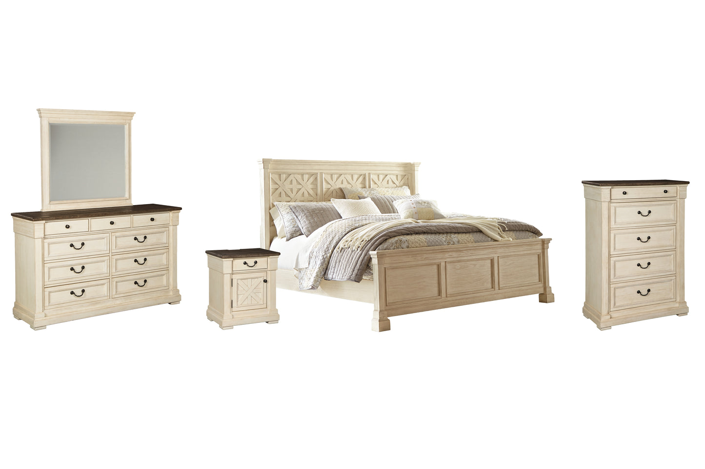 Bolanburg California King Panel Bed with Mirrored Dresser, Chest and Nightstand