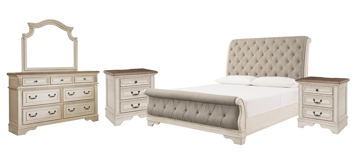Realyn Queen Sleigh Bed with Mirrored Dresser and 2 Nightstands