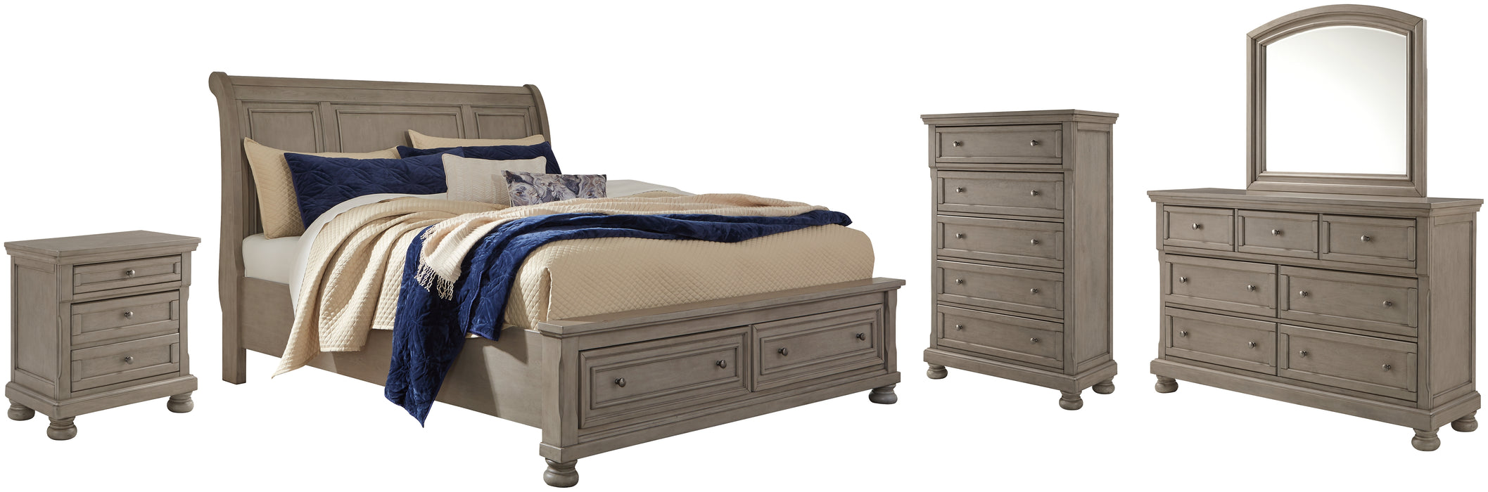 Lettner Queen Sleigh Bed with 2 Storage Drawers with Mirrored Dresser, Chest and Nightstand