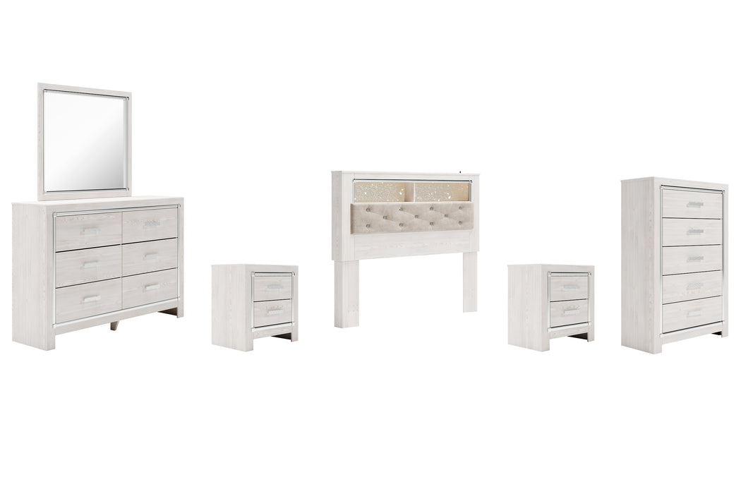 Altyra Queen Bookcase Headboard with Mirrored Dresser, Chest and 2 Nightstands