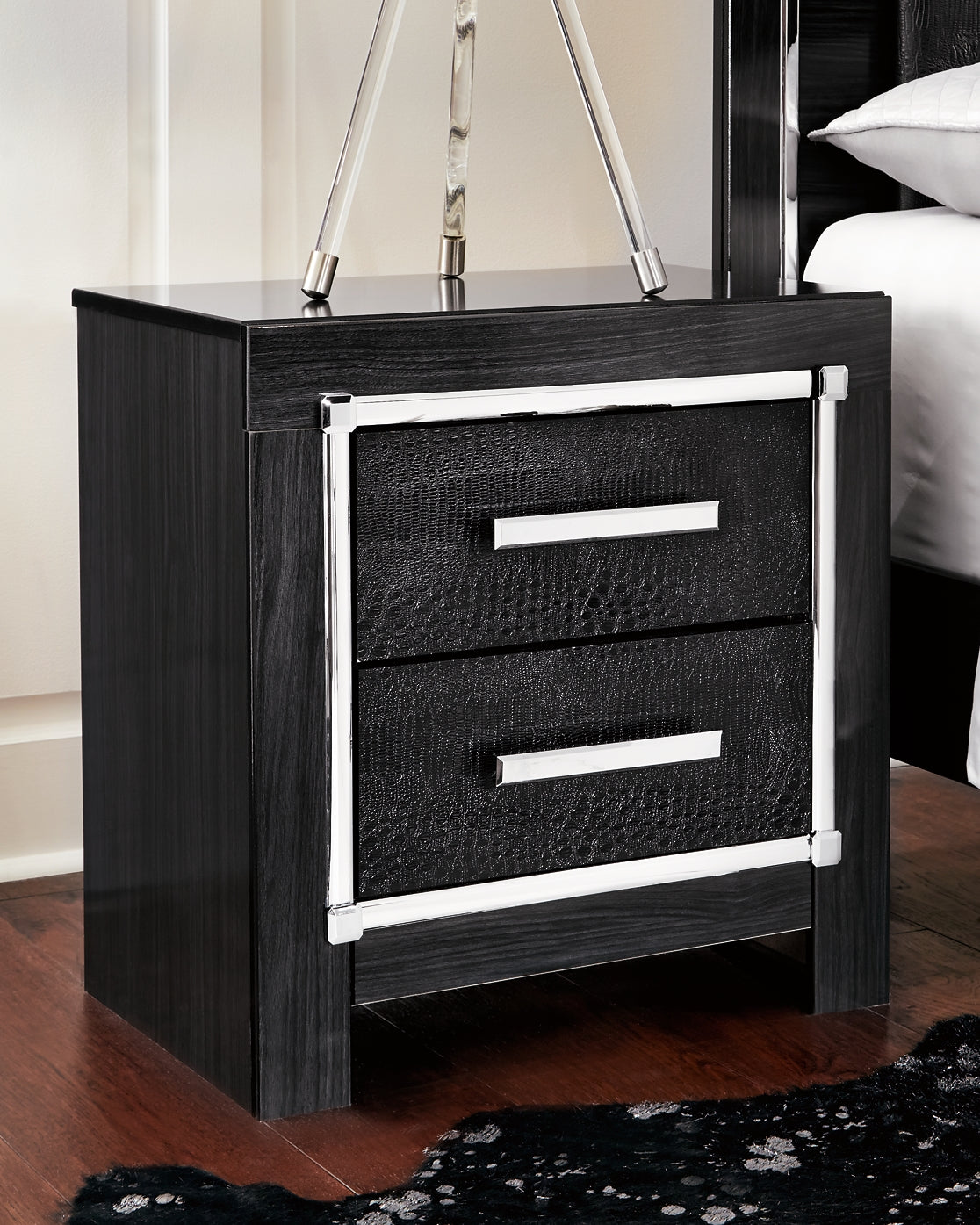 Kaydell King Upholstered Panel Headboard with Mirrored Dresser, Chest and Nightstand