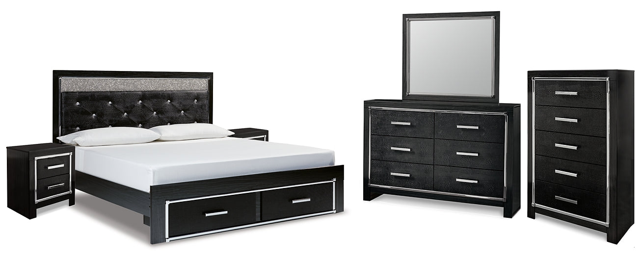 Kaydell King Upholstered Panel Storage Platform Bed with Mirrored Dresser, Chest and 2 Nightstands